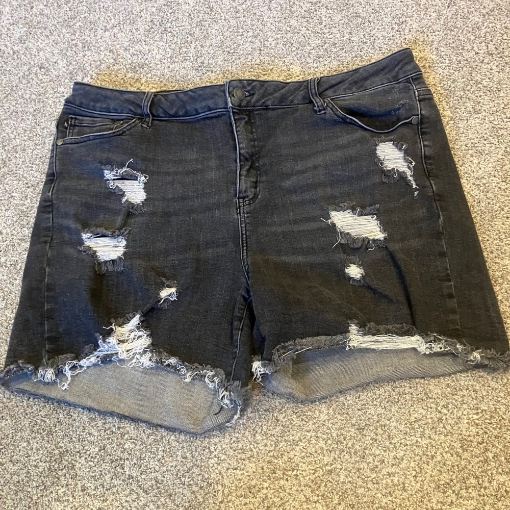 Judy Blue Black Distressed Raw Hem Denim Shorts Plus Size 3XL Festival Y2K Boho